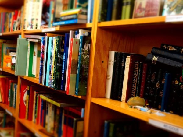 A vibrant array of books fills wooden library shelves with depth of field effect.